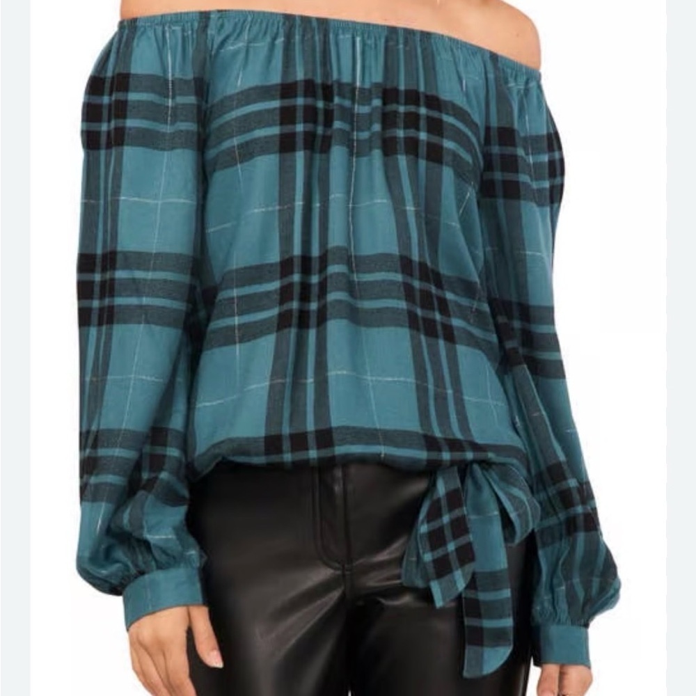 Vince Camuto Teal Plaid Off-Shoulder Blouse size XS -NWT